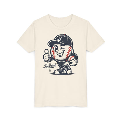 A natural t-shirt featuring a vintage cartoon baseball mascot wearing a navy blue baseball cap and giving a thumbs-up.