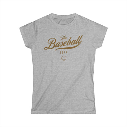 A women's sport grey cap-sleeve crewneck t-shirt with an Old Gold logo graphic on the front reading 'The Baseball Life' and a small baseball icon, displayed on a solid white background.