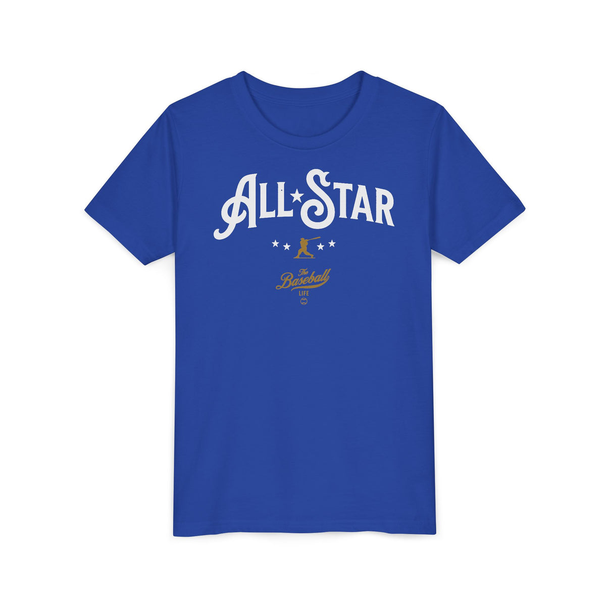 A royal blue t-shirt with All-Star in vintage-style lettering across the chest, with a nostalgic baseball player and stars.