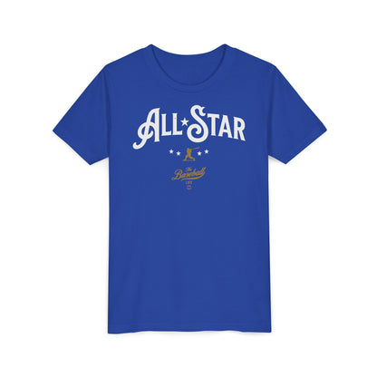 A royal blue t-shirt with All-Star in vintage-style lettering across the chest, with a nostalgic baseball player and stars.