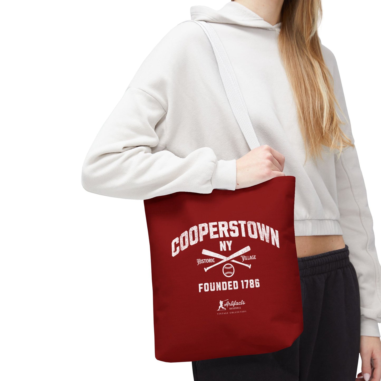 Cooperstown, NY Tote Bag_Maroon w White Print