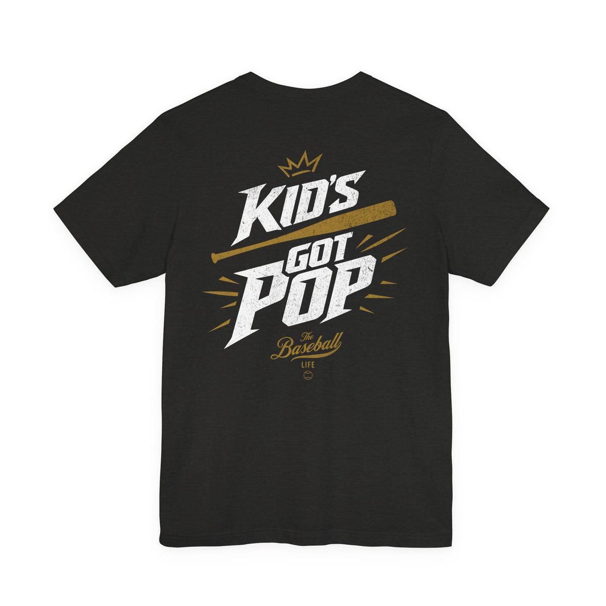 The back of a black baseball t-shirt with the slogan Kid's Got Pop and a baseball bat graphic.