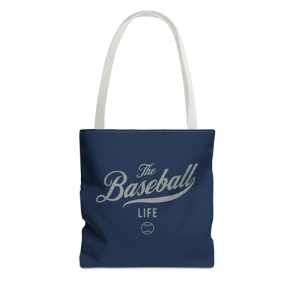 The Baseball Life Tote Bag_Navy w Silver Gray Print