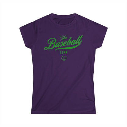 A women's purple cap-sleeve t-shirt with a green The Baseball Life logo printed across the chest.