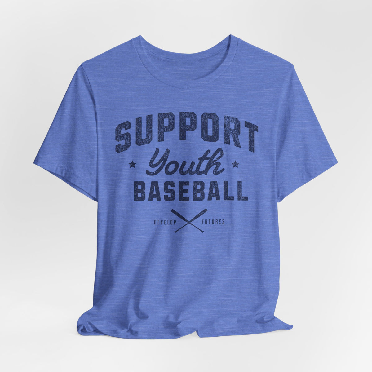 A heather blue t-shirt with a distressed navy blue graphic on the front that reads SUPPORT YOUTH BASEBALL with crossed bats.