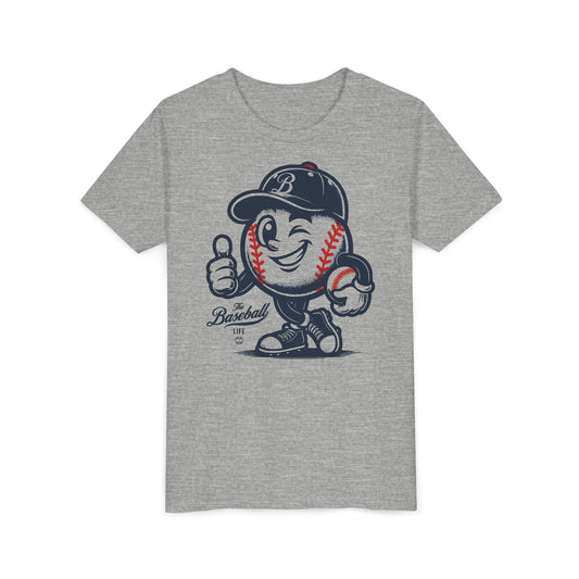 A heather gray t-shirt featuring a vintage cartoon baseball mascot wearing a navy blue baseball cap and giving a thumbs-up.