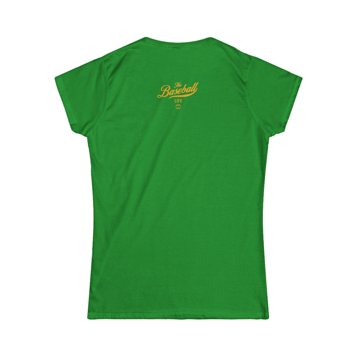 A women's Irish green cap-sleeve crewneck t-shirt shown from the back with a yellow gold graphic reading 'The Baseball Life' and a small baseball icon, displayed on a solid white background.