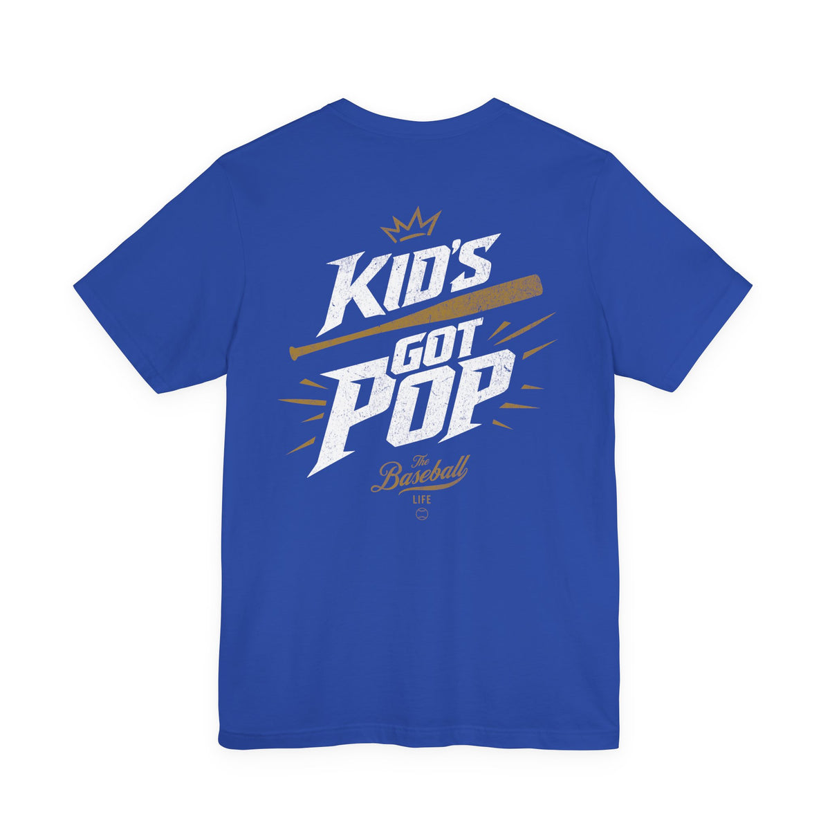 The back of a royal blue baseball t-shirt with the slogan Kid's Got Pop and a baseball bat graphic.