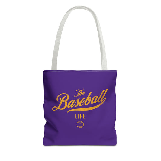 The Baseball Life Tote Bag_Purple w Yellow Gold Print