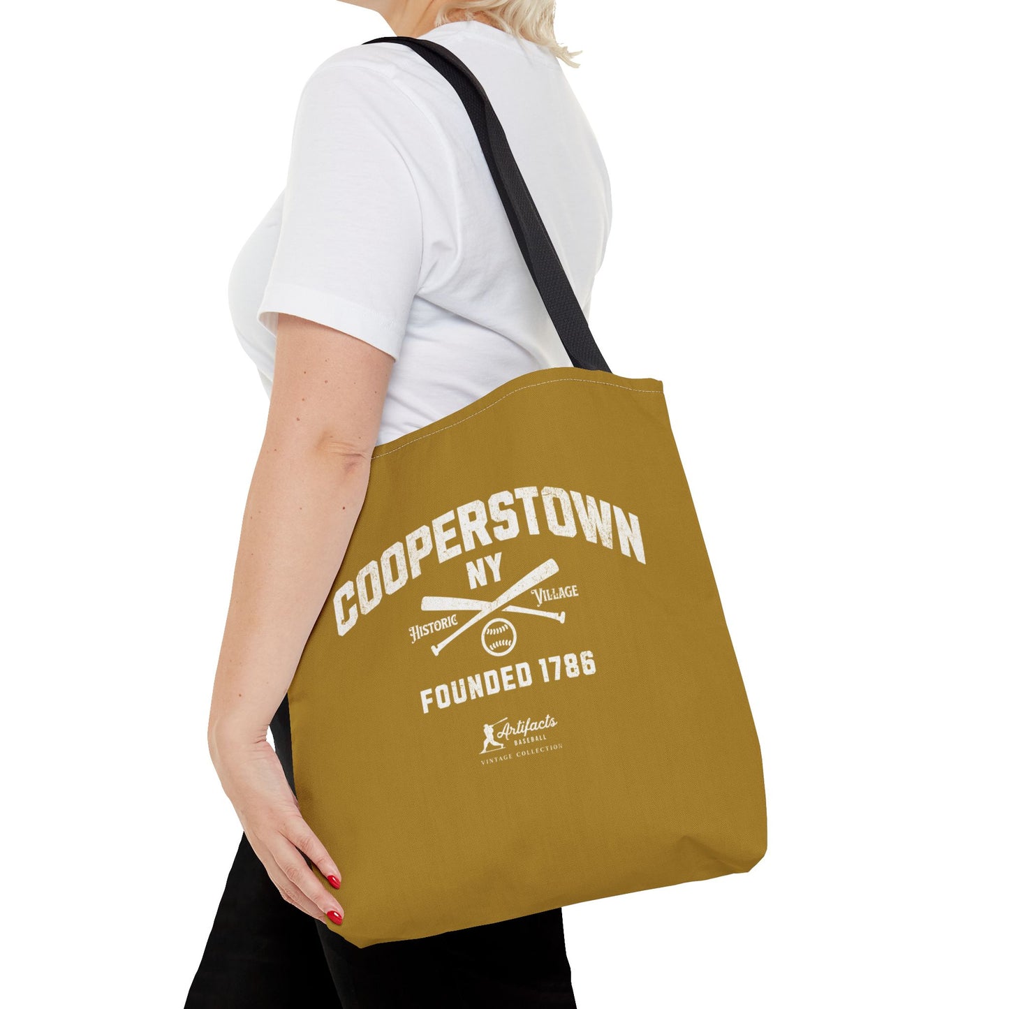 Cooperstown, NY Tote Bag_Old Gold w White Print