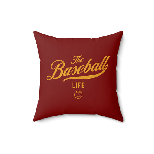 The Baseball Life Accent Pillow_Maroon w Yellow Print