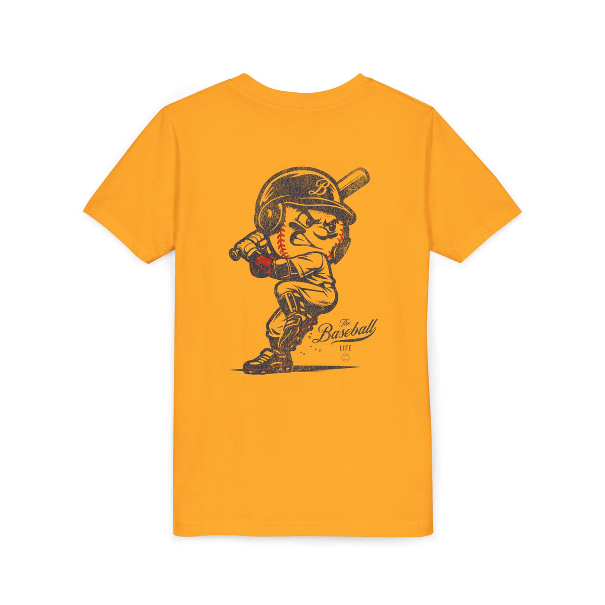 A gold t-shirt with a baseball mascot batting and ready to swing.