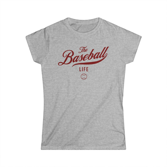 A women's sport grey cap-sleeve crewneck t-shirt with a maroon logo graphic on the front reading 'The Baseball Life' and a small baseball icon, displayed on a solid white background.