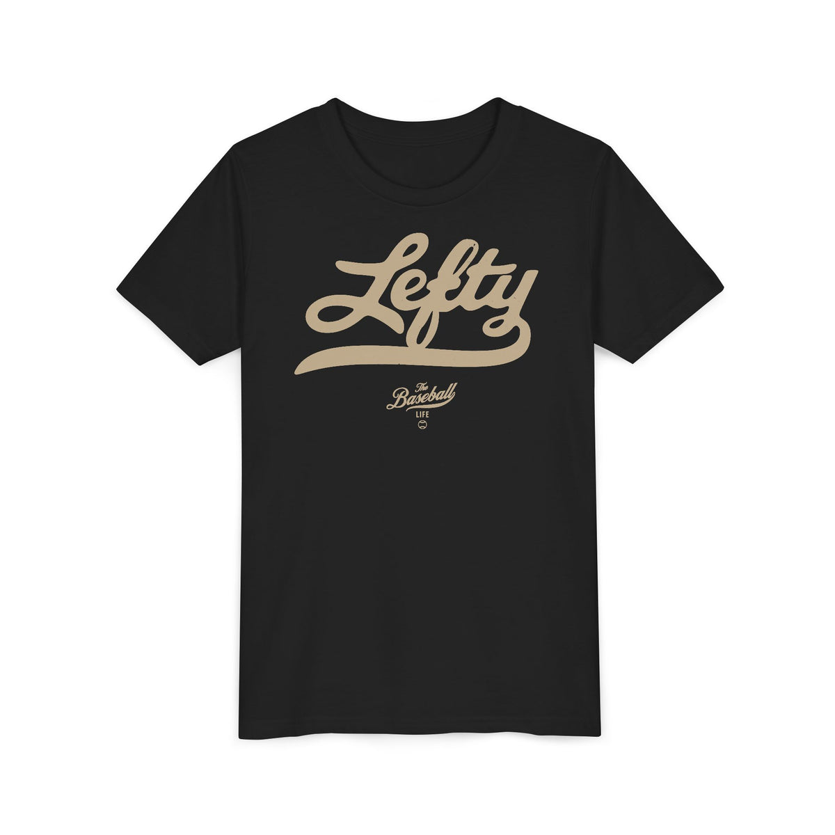 A black youth baseball t-shirt with vintage script lettering "Lefty" printed across the chest.