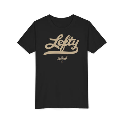 A black youth baseball t-shirt with vintage script lettering "Lefty" printed across the chest.