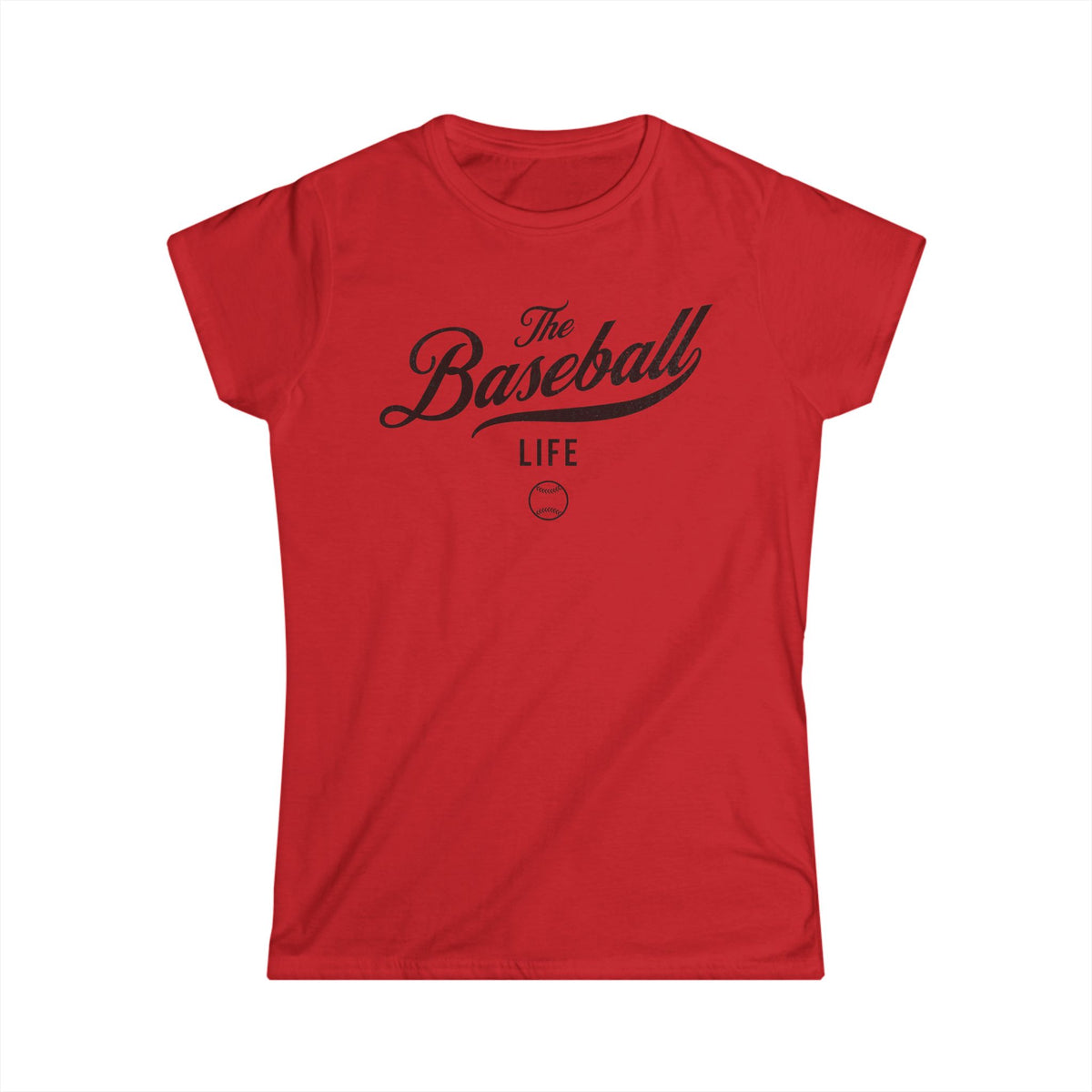 A women's red cap-sleeve t-shirt with a black The Baseball Life logo printed across the chest.