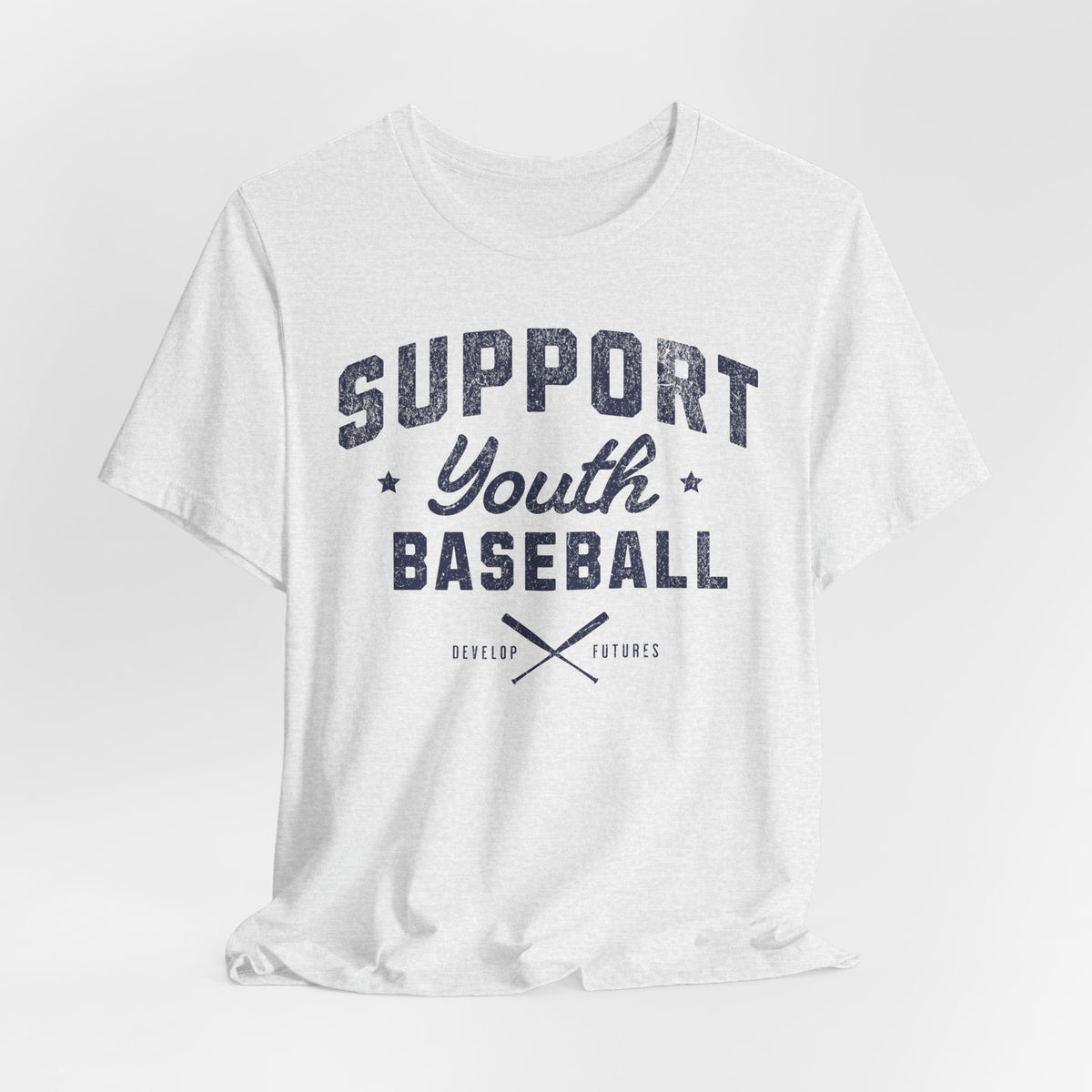 An ash t-shirt with a distressed navy blue graphic on the front that reads SUPPORT YOUTH BASEBALL with crossed bats.