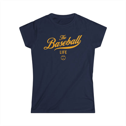 A women's navy blue cap-sleeve crewneck t-shirt with a yellow gold logo graphic on the front reading 'The Baseball Life' and a small baseball icon, displayed on a solid white background.