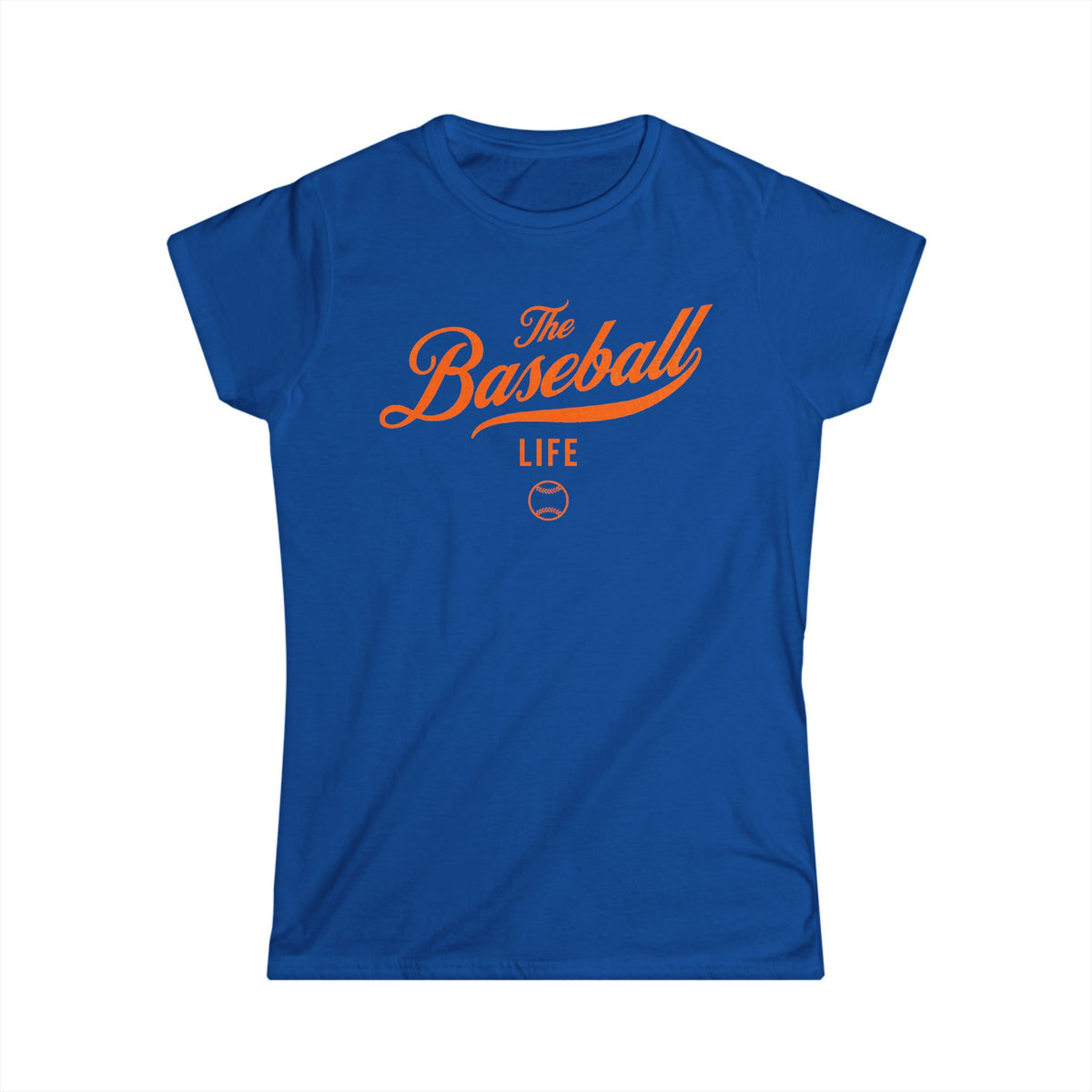 A women's royal blue cap-sleeve t-shirt with an orange The Baseball Life logo printed across the chest.