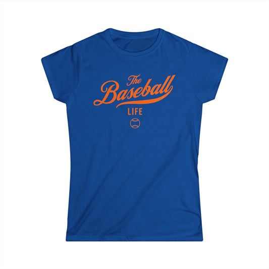 A women's royal blue cap-sleeve t-shirt with an orange The Baseball Life logo printed across the chest.
