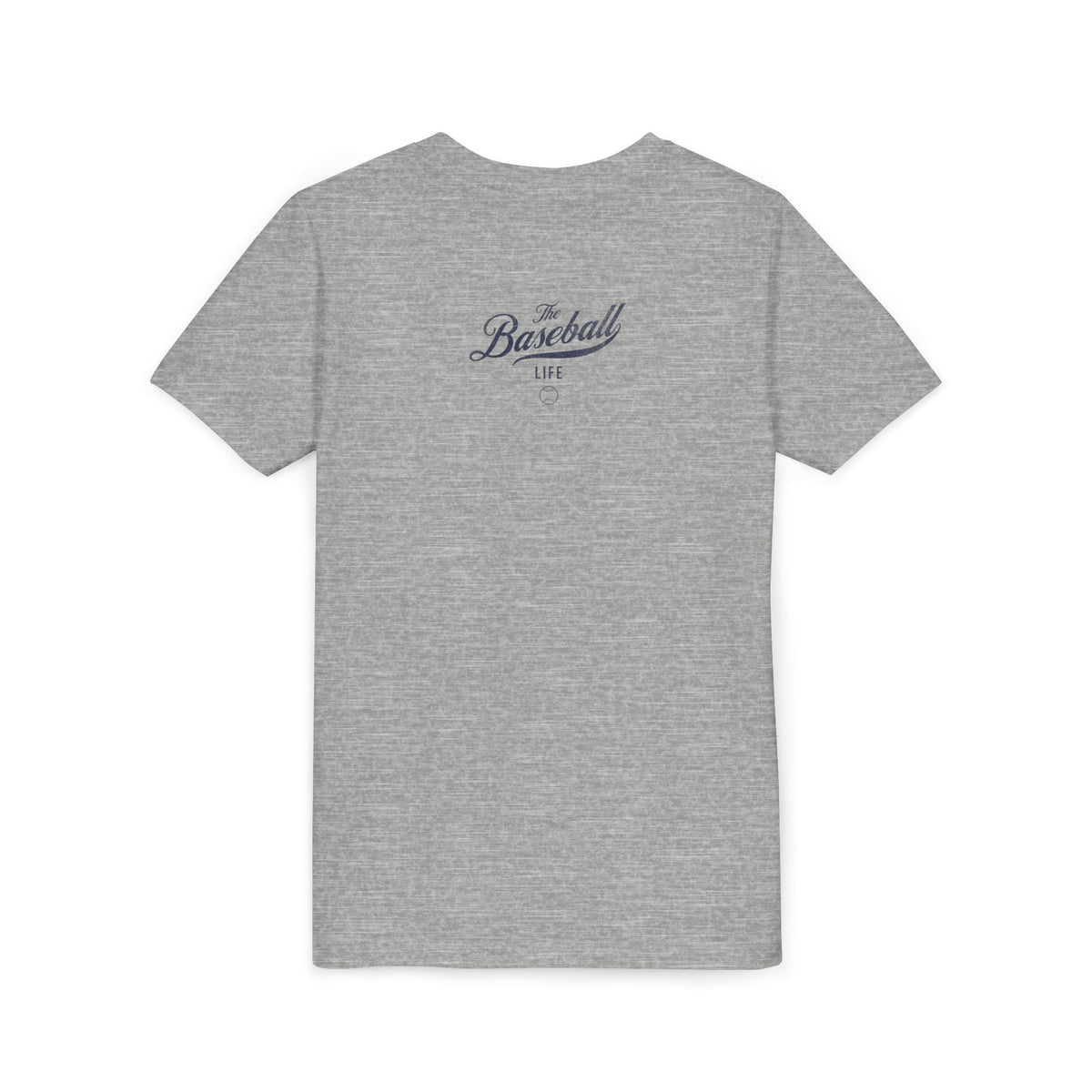 A back view of a heather gray t-shirt featuring The Baseball Life logo centered upper back.
