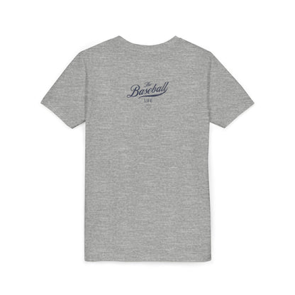 A back view of a heather gray t-shirt featuring The Baseball Life logo centered upper back.