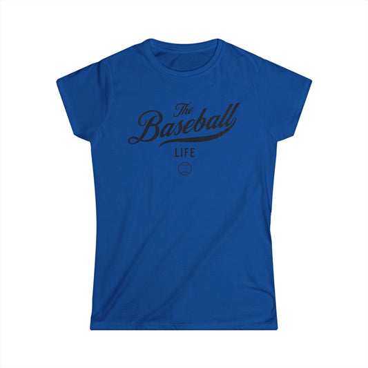 A women's royal blue cap-sleeve t-shirt with a black The Baseball Life logo printed across the chest.
