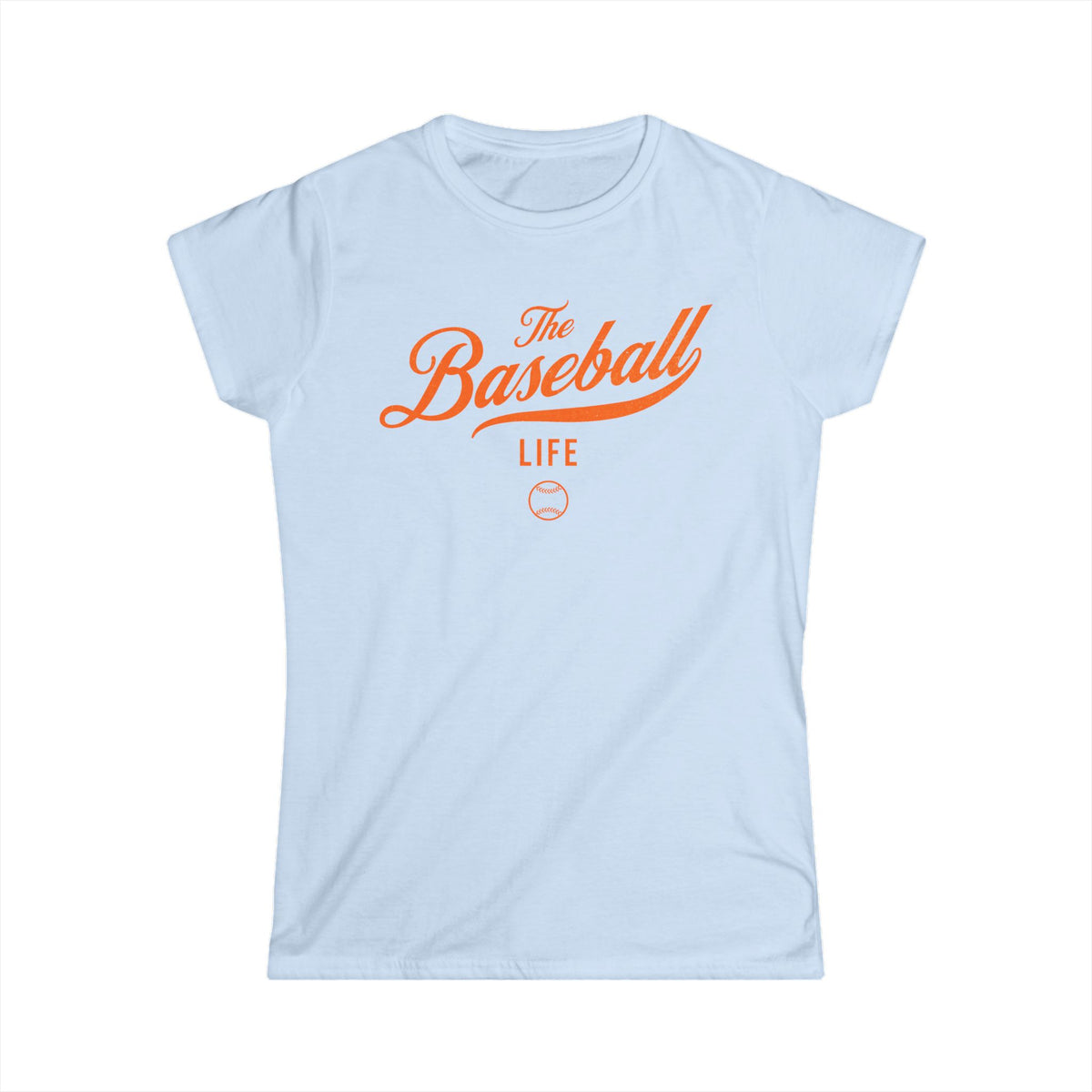 A women's light blue cap-sleeve t-shirt with an orange The Baseball Life logo printed across the chest.