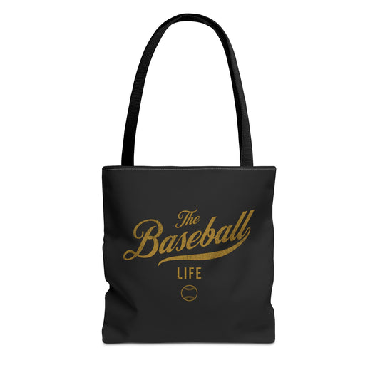 The Baseball Life Tote Bag_Black w Old Gold Print