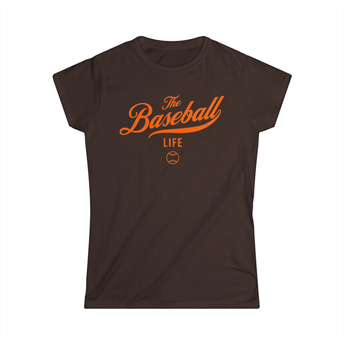 A women's chocolate brown cap-sleeve t-shirt with an orange The Baseball Life logo printed across the chest.