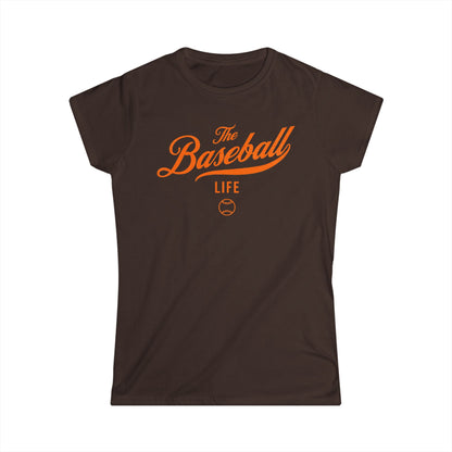 A women's chocolate brown cap-sleeve t-shirt with an orange The Baseball Life logo printed across the chest.