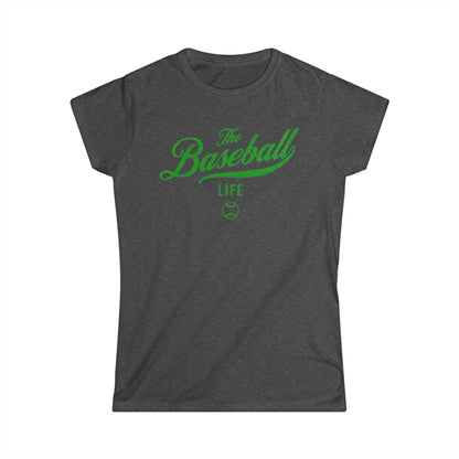 A women's dark heather grey cap-sleeve t-shirt with a green The Baseball Life logo printed across the chest.