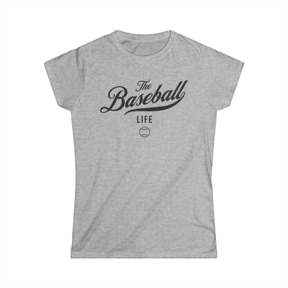 A women's sport grey cap-sleeve t-shirt with a black The Baseball Life logo printed across the chest.
