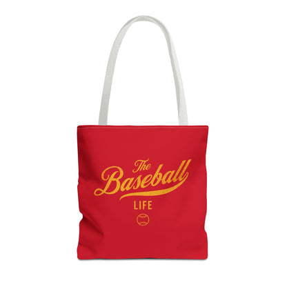 The Baseball Life Tote Bag_Red w Yellow Gold Print