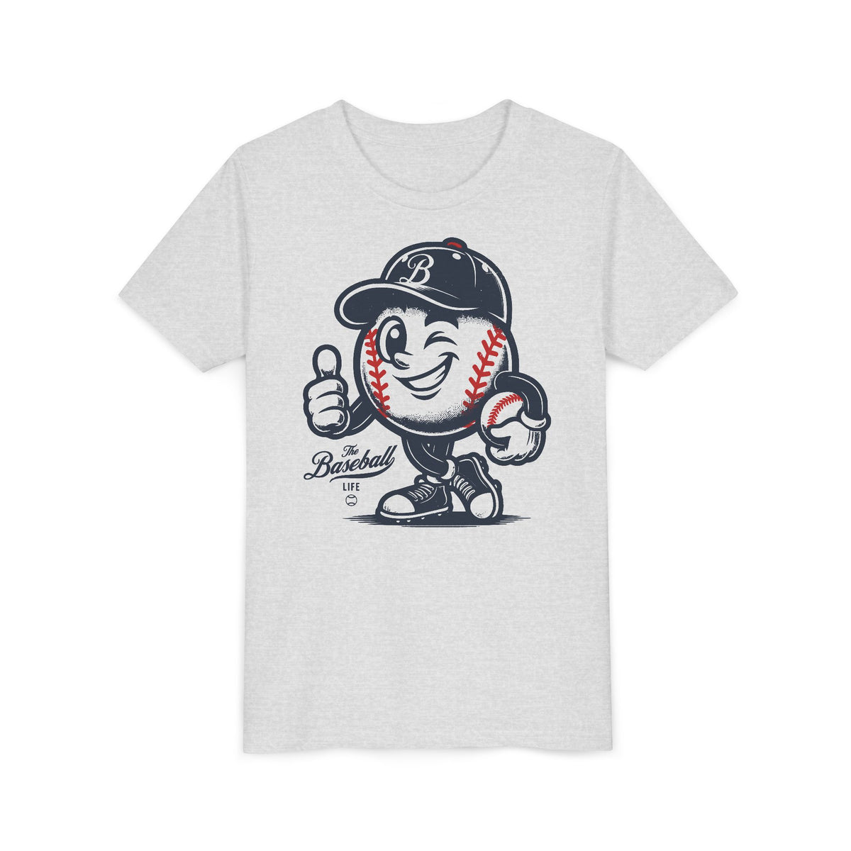 A heather ash t-shirt featuring a vintage cartoon baseball mascot wearing a navy blue baseball cap and giving a thumbs-up.