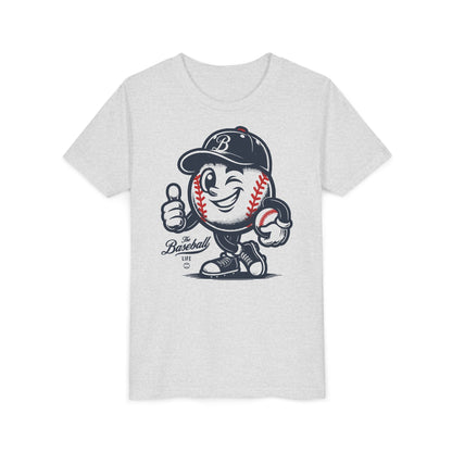 A heather ash t-shirt featuring a vintage cartoon baseball mascot wearing a navy blue baseball cap and giving a thumbs-up.