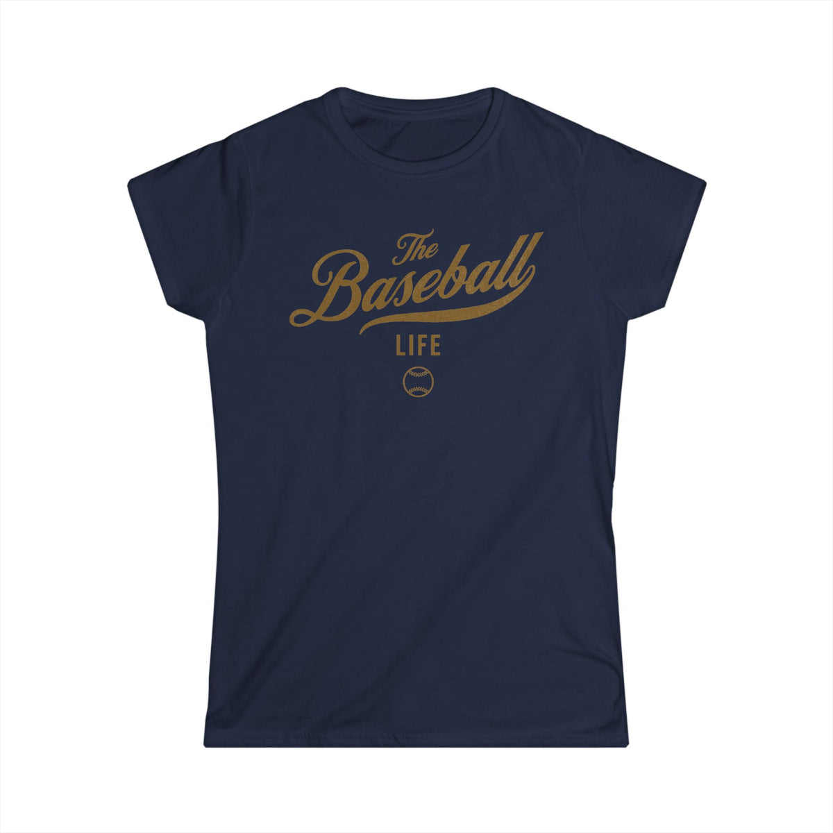 A women's navy blue cap-sleeve crewneck t-shirt with an Old Gold logo graphic on the front reading 'The Baseball Life' and a small baseball icon, displayed on a solid white background.