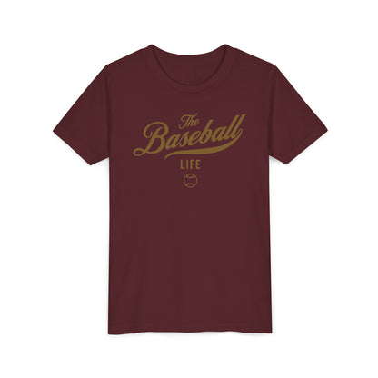 Youth The Baseball Life Classic Script T-Shirt_Old Gold Print