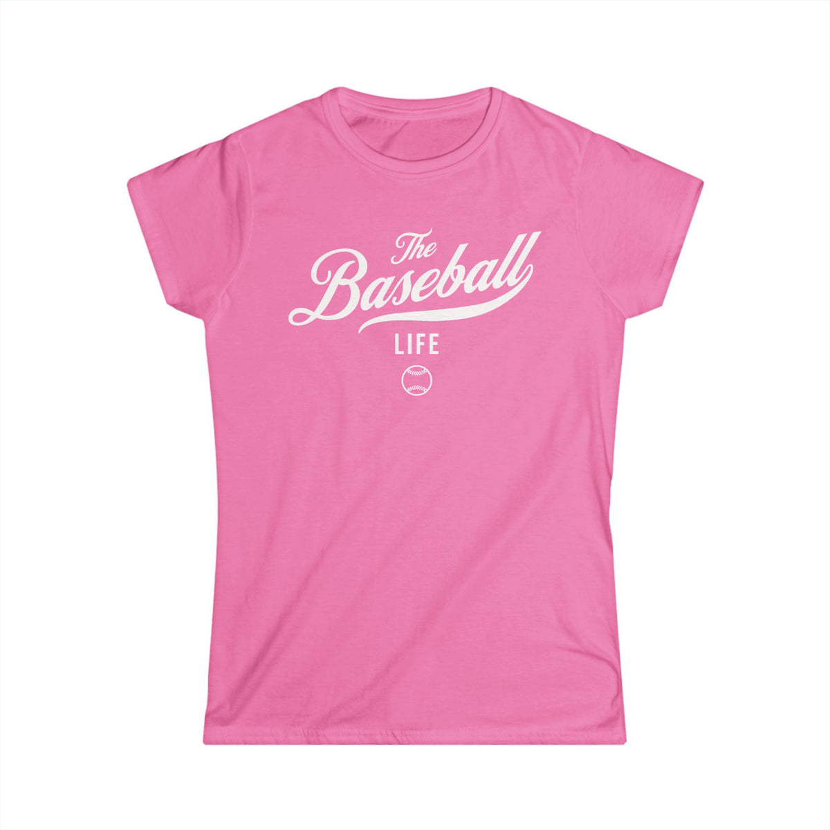 A women's azalea pink cap-sleeve crewneck t-shirt with a white logo graphic on the front reading 'The Baseball Life' and a small baseball icon, displayed on a solid white background.