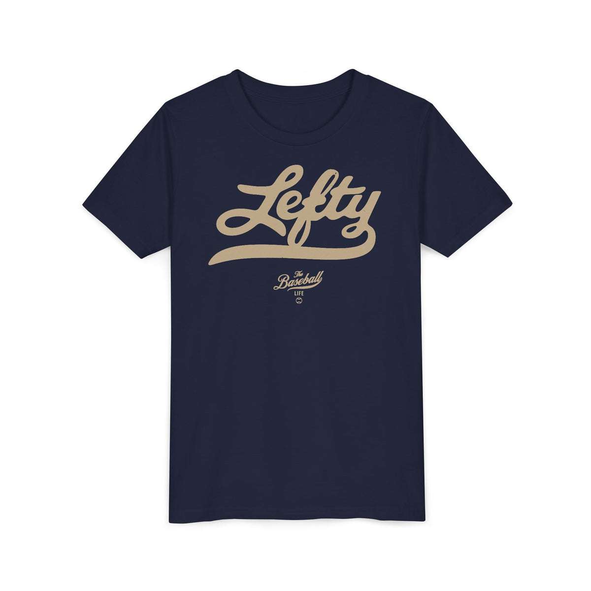 A navy youth baseball t-shirt with vintage script lettering "Lefty" printed across the chest.