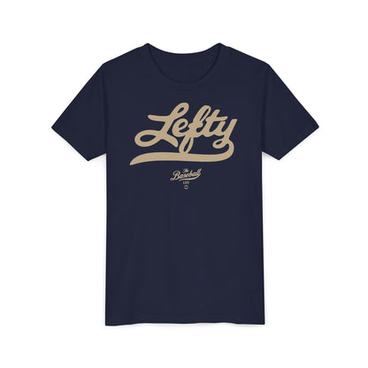 A navy youth baseball t-shirt with vintage script lettering "Lefty" printed across the chest.