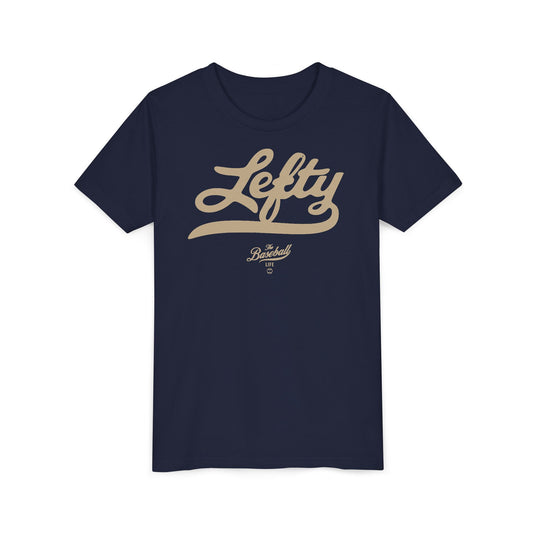 A navy youth baseball t-shirt with vintage script lettering "Lefty" printed across the chest.