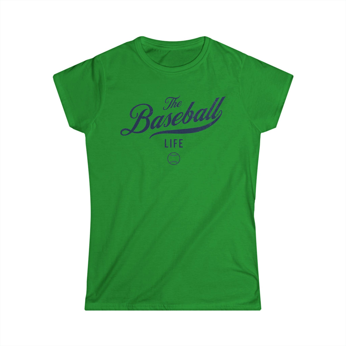 A women's Irish green cap-sleeve t-shirt with a navy blue The Baseball Life logo printed across the chest.
