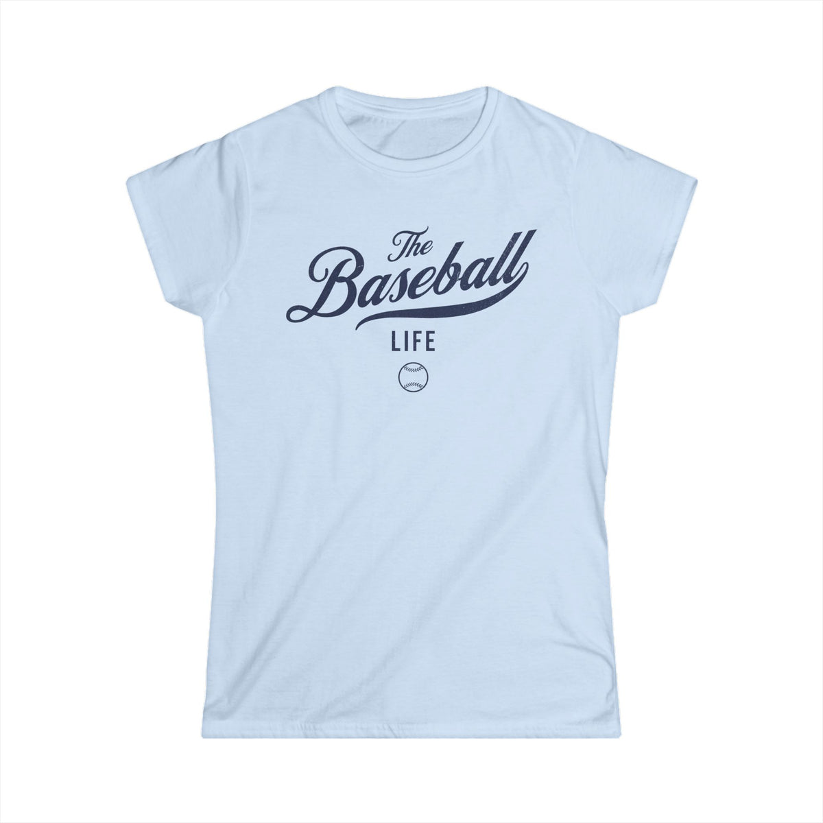 A women's light blue cap-sleeve t-shirt with a navy blue The Baseball Life logo printed across the chest.