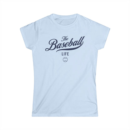 A women's light blue cap-sleeve t-shirt with a navy blue The Baseball Life logo printed across the chest.