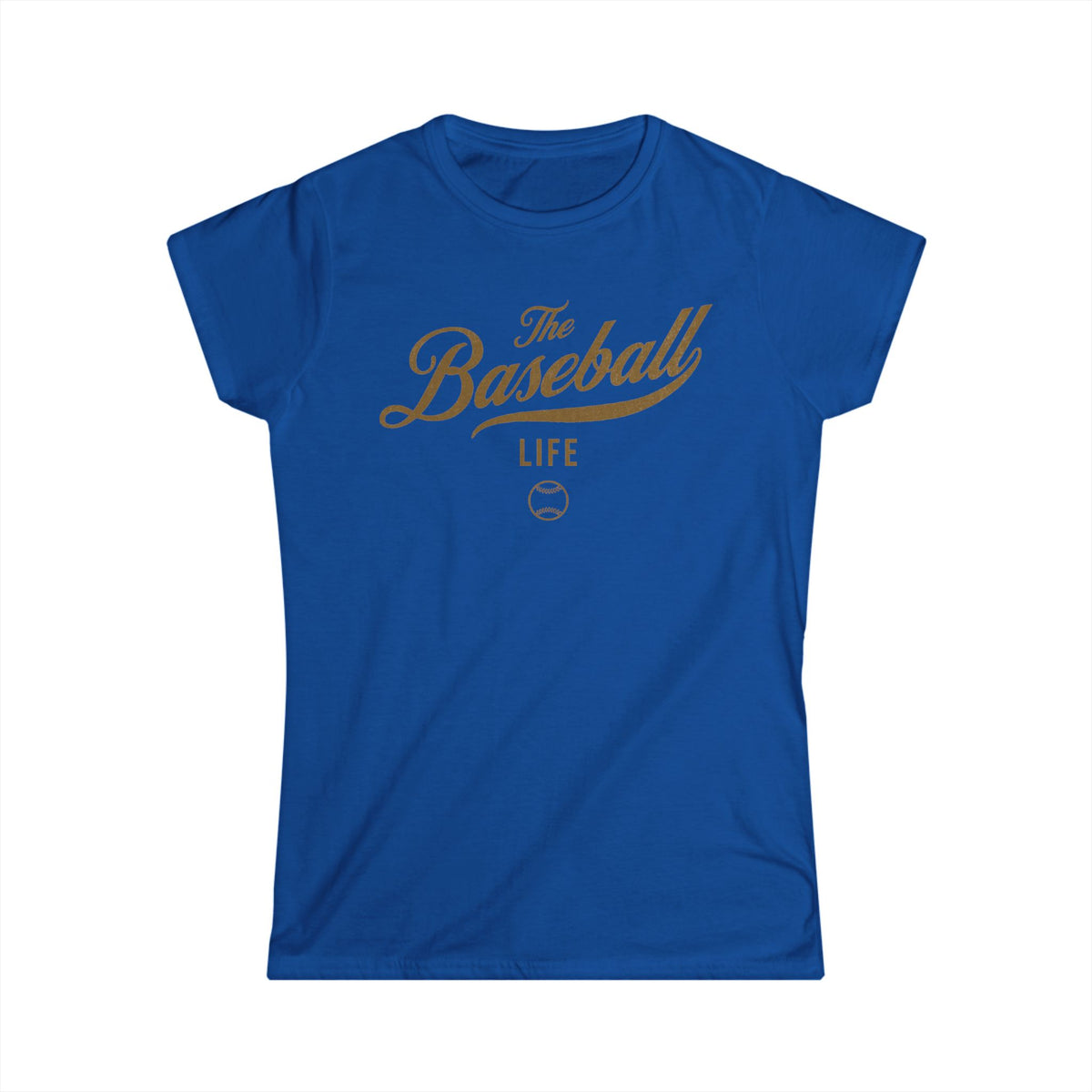 A women's royal blue cap-sleeve crewneck t-shirt with an Old Gold logo graphic on the front reading 'The Baseball Life' and a small baseball icon, displayed on a solid white background.