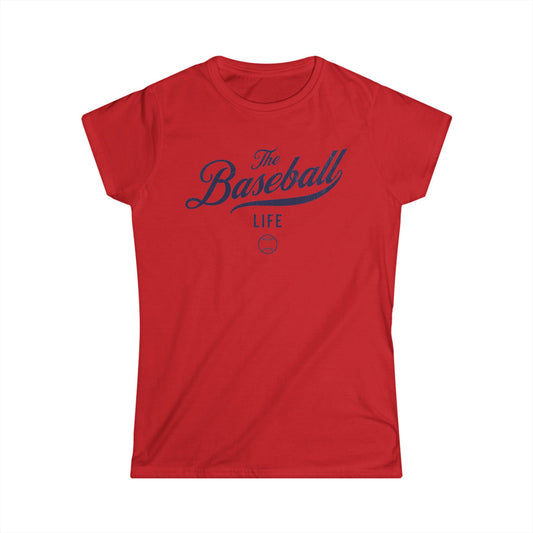 A women's red cap-sleeve t-shirt with a navy blue The Baseball Life logo printed across the chest.