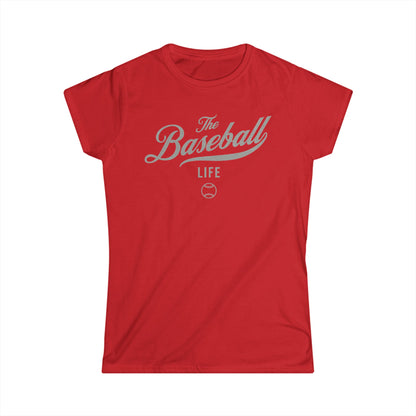 A women's red cap-sleeve t-shirt with a silver gray The Baseball Life logo printed across the chest.