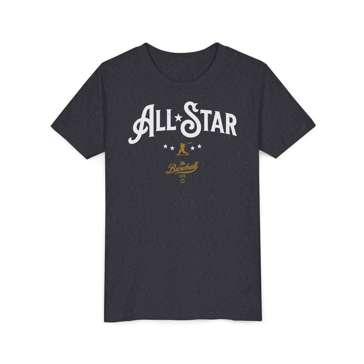 A heather navy t-shirt with All-Star in vintage-style lettering across the chest, with a nostalgic baseball player and stars.