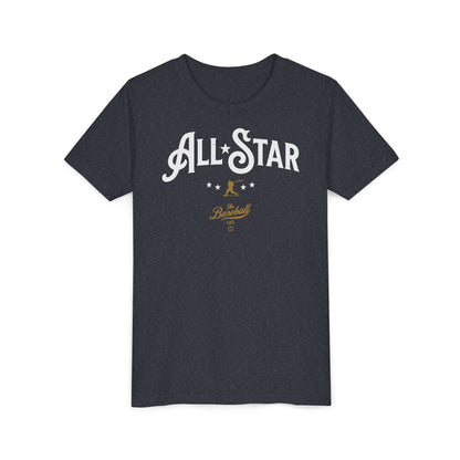 A heather navy t-shirt with All-Star in vintage-style lettering across the chest, with a nostalgic baseball player and stars.